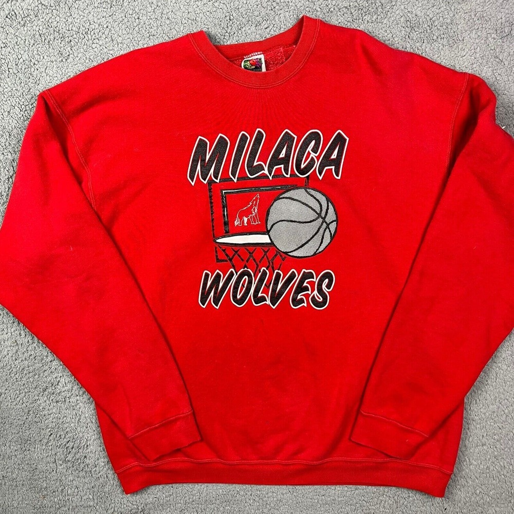 Vintage Milaca Wolves Basketball Crewneck MN Red‎ Sweater Sweatshirt Size XXL